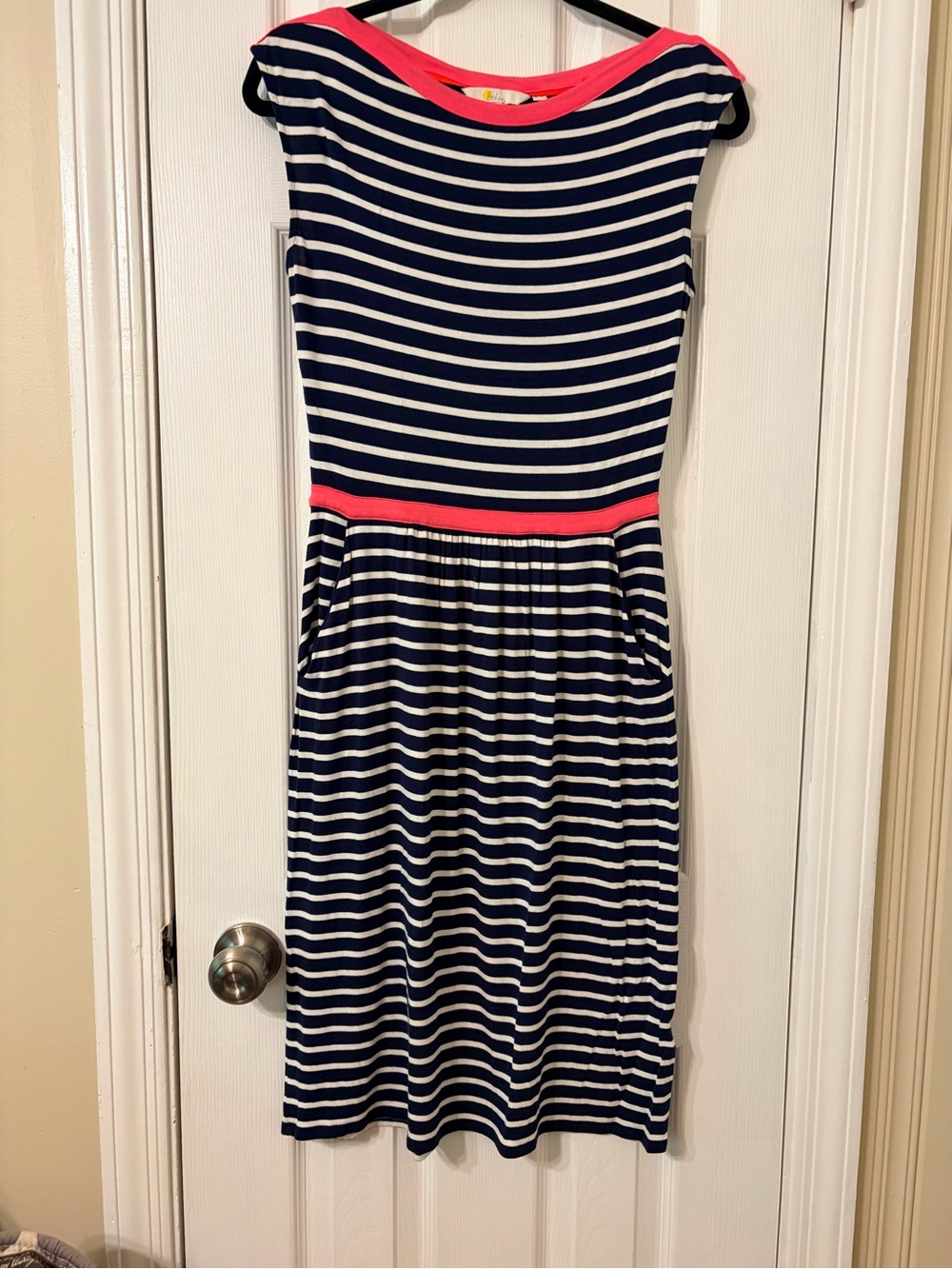 Boden Navy and White Striped Midi Dress with Bright Coral Trim